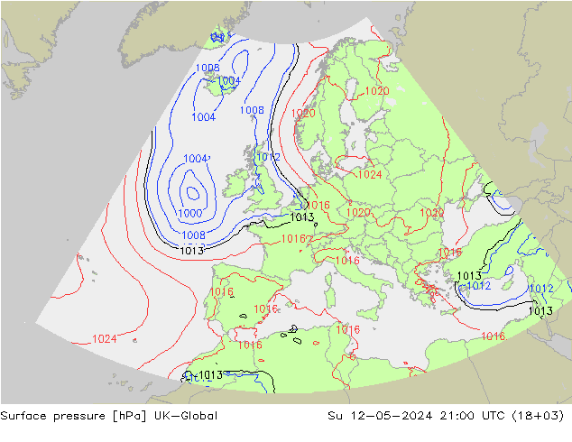 Atmosférický tlak UK-Global Ne 12.05.2024 21 UTC
