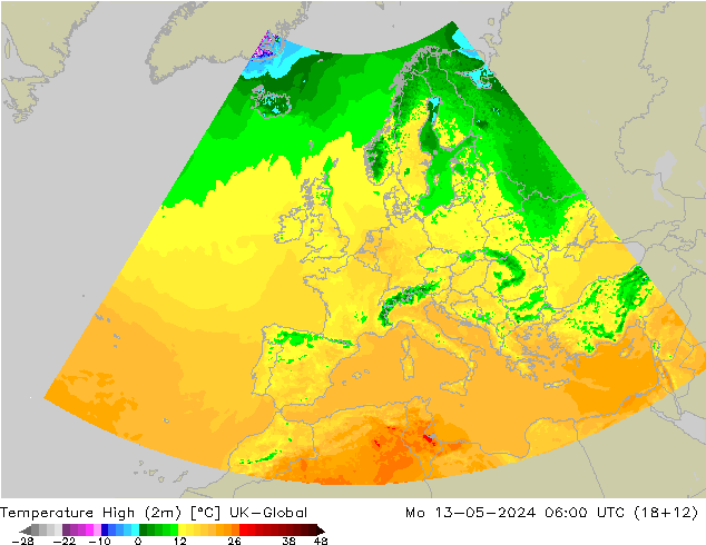 Höchstwerte (2m) UK-Global Mo 13.05.2024 06 UTC