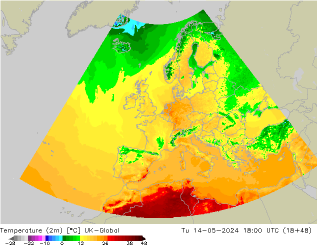 Temperature (2m) UK-Global Tu 14.05.2024 18 UTC