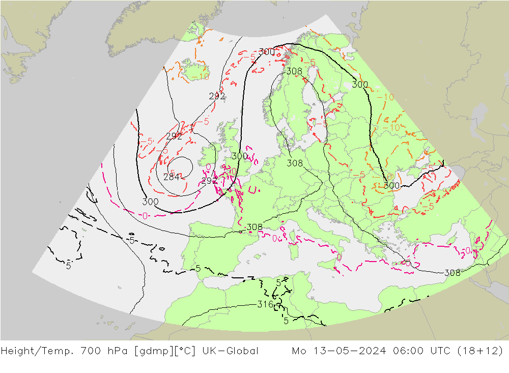 Height/Temp. 700 hPa UK-Global Mo 13.05.2024 06 UTC