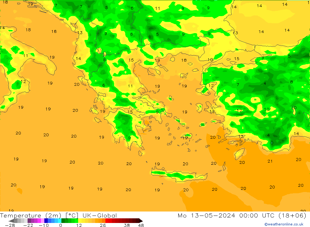 Temperature (2m) UK-Global Mo 13.05.2024 00 UTC