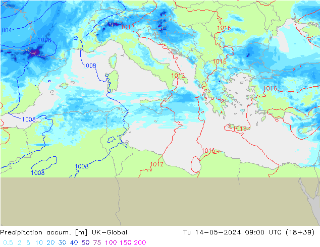 Precipitation accum. UK-Global Tu 14.05.2024 09 UTC