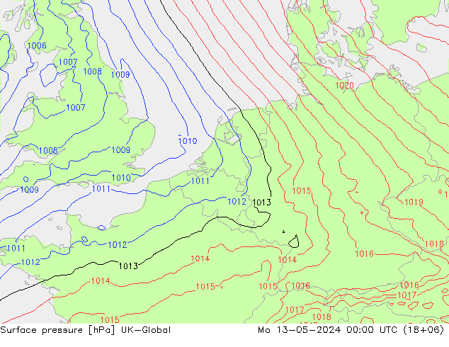 pressão do solo UK-Global Seg 13.05.2024 00 UTC