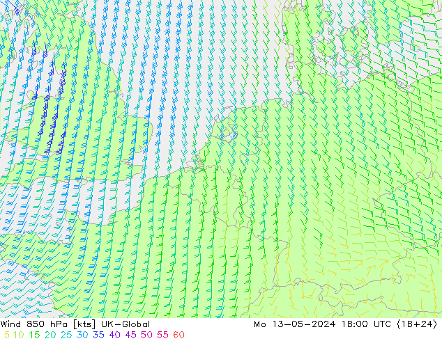 Wind 850 hPa UK-Global Mo 13.05.2024 18 UTC