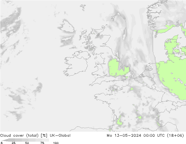 Cloud cover (total) UK-Global Mo 13.05.2024 00 UTC