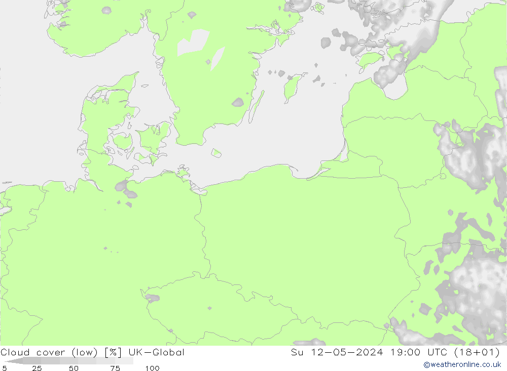 Cloud cover (low) UK-Global Su 12.05.2024 19 UTC