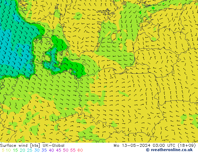Surface wind UK-Global Mo 13.05.2024 03 UTC
