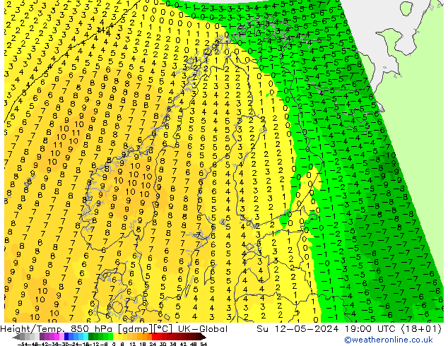 Géop./Temp. 850 hPa UK-Global dim 12.05.2024 19 UTC