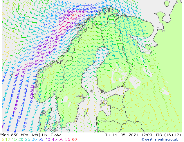ветер 850 гПа UK-Global вт 14.05.2024 12 UTC