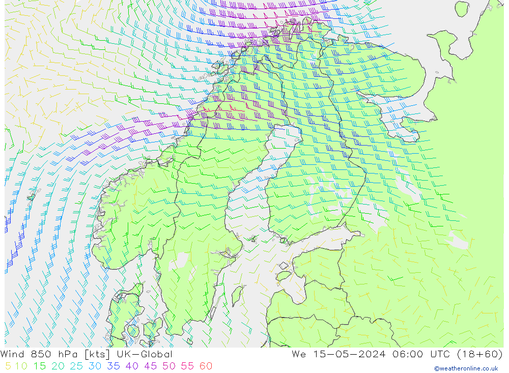 Wind 850 hPa UK-Global We 15.05.2024 06 UTC