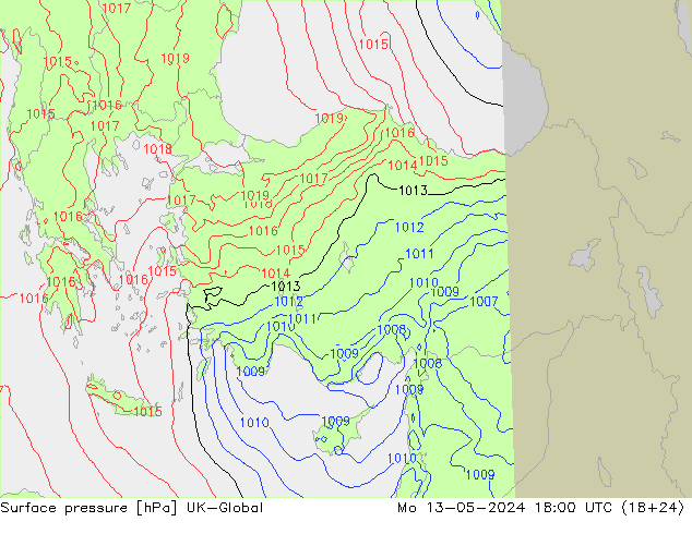 Atmosférický tlak UK-Global Po 13.05.2024 18 UTC