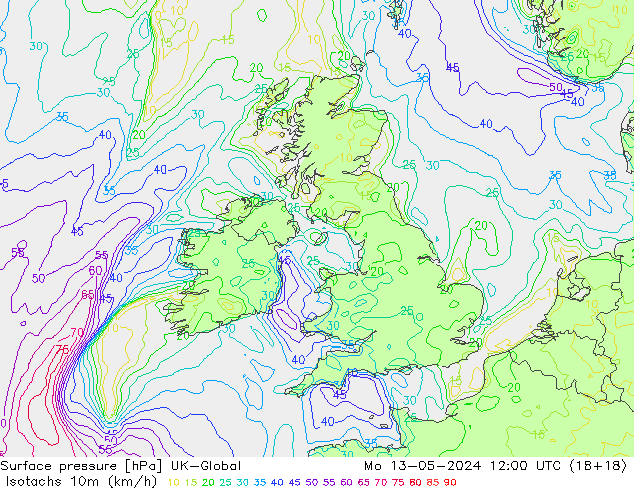 Eşrüzgar Hızları (km/sa) UK-Global Pzt 13.05.2024 12 UTC