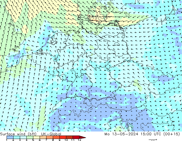 Surface wind (bft) UK-Global Mo 13.05.2024 15 UTC