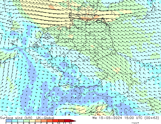 Surface wind (bft) UK-Global We 15.05.2024 15 UTC
