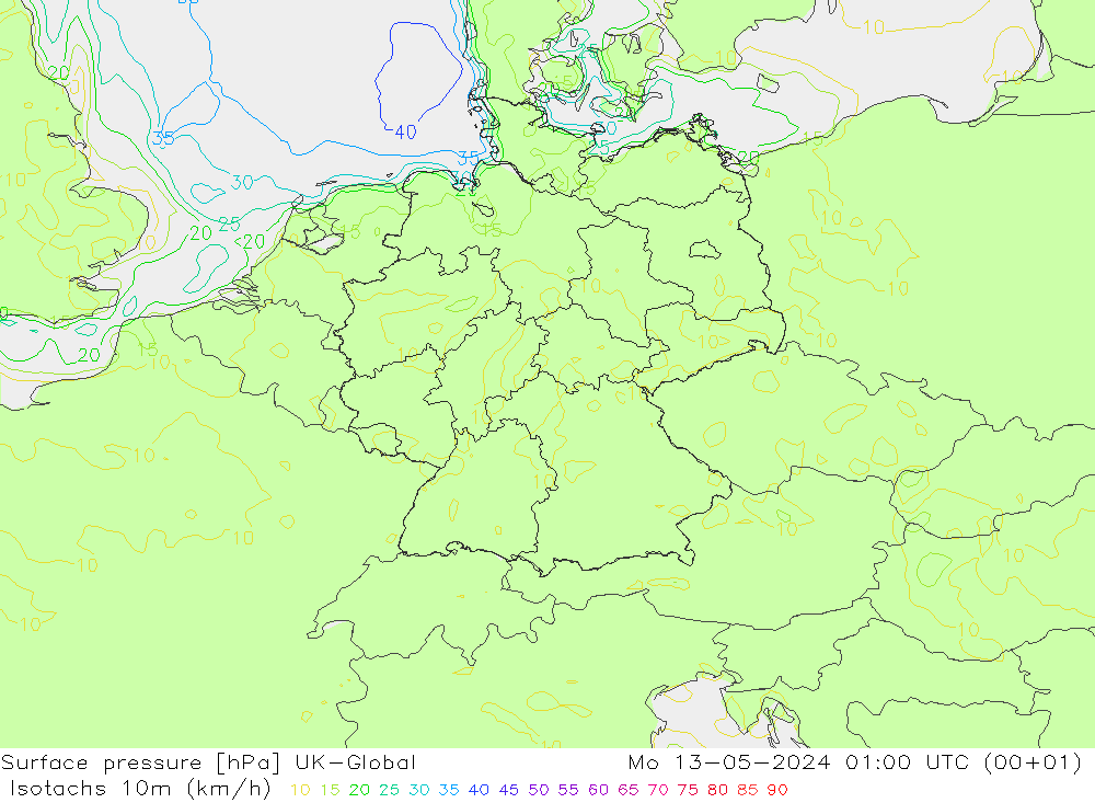 Isotachen (km/h) UK-Global ma 13.05.2024 01 UTC