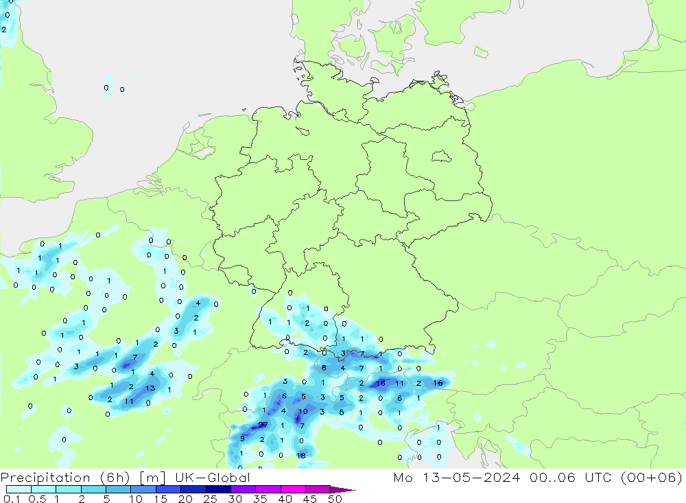 Precipitation (6h) UK-Global Mo 13.05.2024 06 UTC