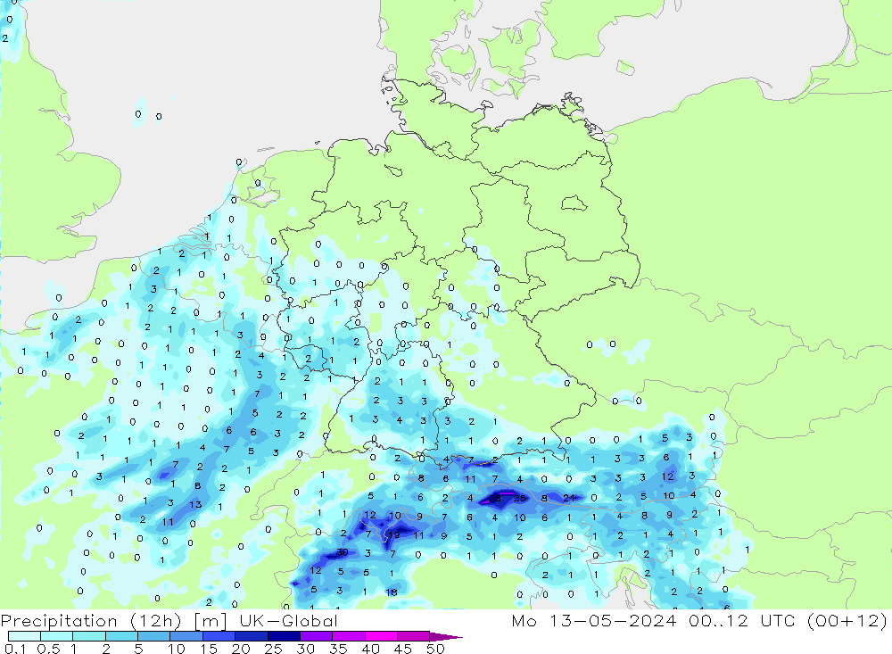 Precipitación (12h) UK-Global lun 13.05.2024 12 UTC