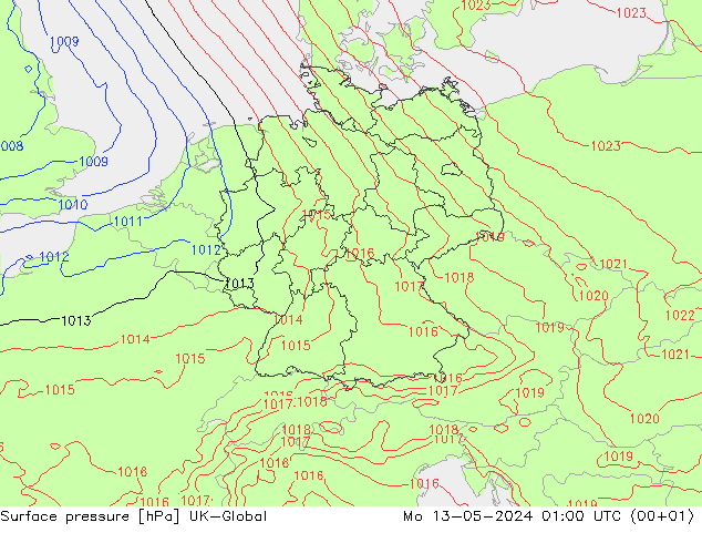 Surface pressure UK-Global Mo 13.05.2024 01 UTC
