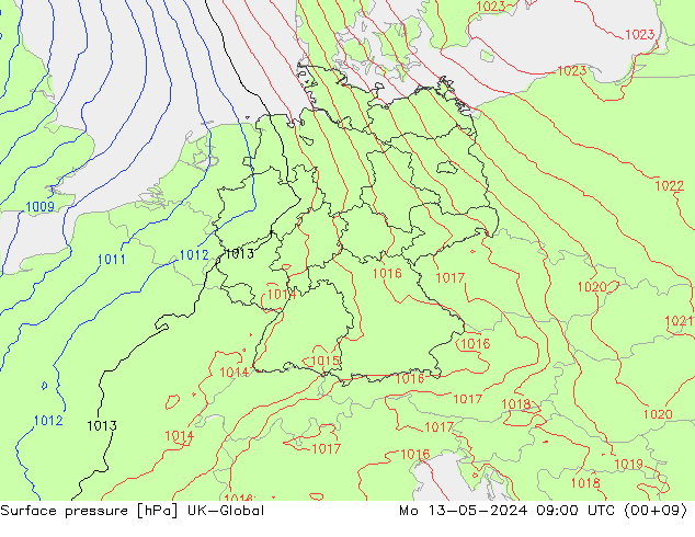 Atmosférický tlak UK-Global Po 13.05.2024 09 UTC