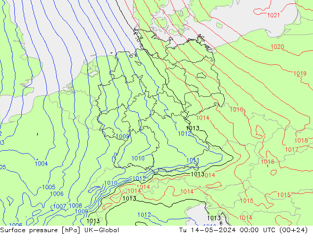 Surface pressure UK-Global Tu 14.05.2024 00 UTC