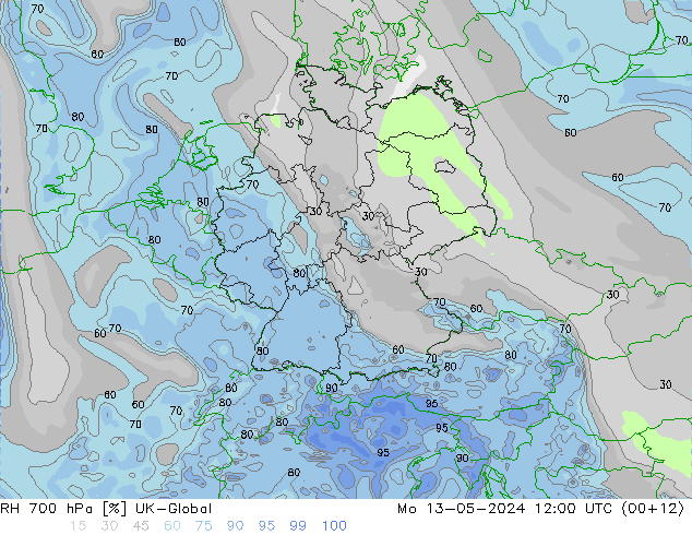 Humedad rel. 700hPa UK-Global lun 13.05.2024 12 UTC
