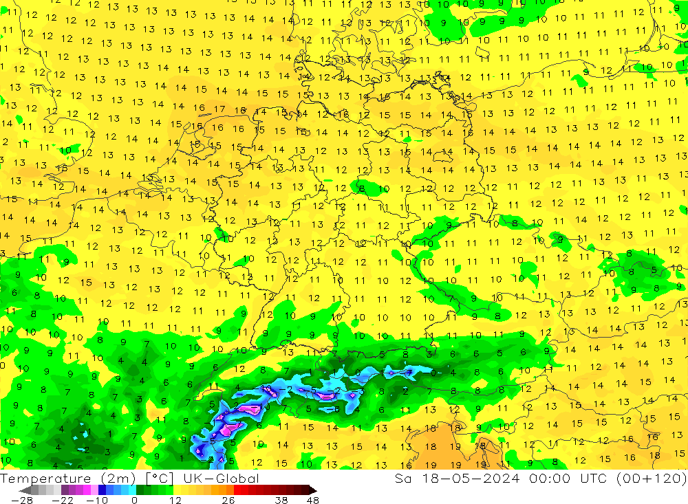 Temperatura (2m) UK-Global sab 18.05.2024 00 UTC