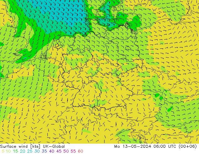 Surface wind UK-Global Mo 13.05.2024 06 UTC