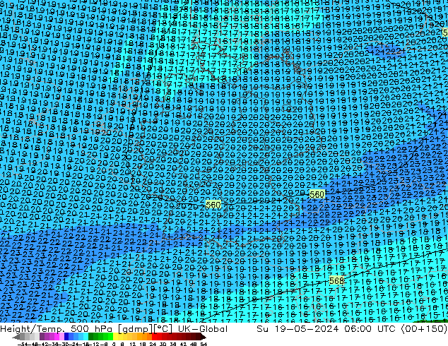 Hoogte/Temp. 500 hPa UK-Global zo 19.05.2024 06 UTC