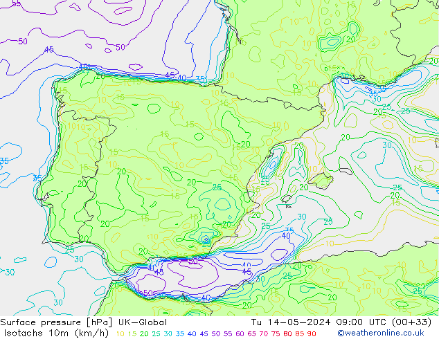 Eşrüzgar Hızları (km/sa) UK-Global Sa 14.05.2024 09 UTC