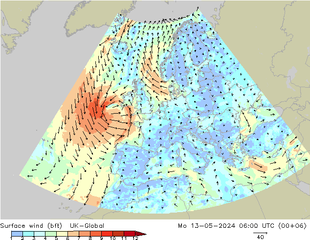 Surface wind (bft) UK-Global Mo 13.05.2024 06 UTC