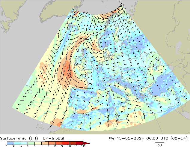 Surface wind (bft) UK-Global We 15.05.2024 06 UTC