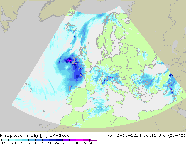 Precipitation (12h) UK-Global Mo 13.05.2024 12 UTC