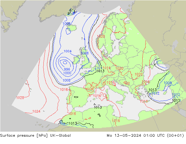 Atmosférický tlak UK-Global Po 13.05.2024 01 UTC