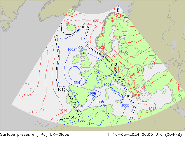 Surface pressure UK-Global Th 16.05.2024 06 UTC