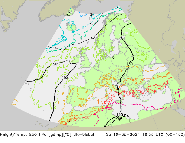 Géop./Temp. 850 hPa UK-Global dim 19.05.2024 18 UTC