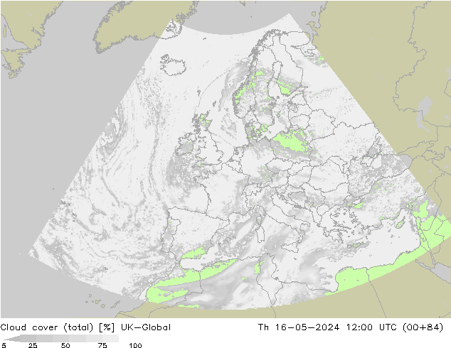 Bewolking (Totaal) UK-Global do 16.05.2024 12 UTC