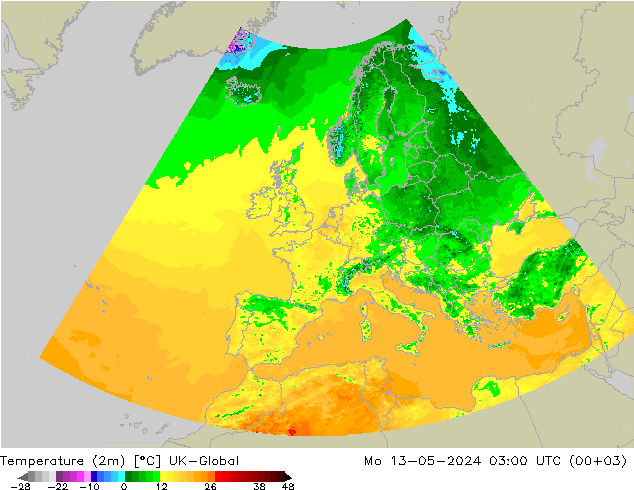 Temperature (2m) UK-Global Mo 13.05.2024 03 UTC