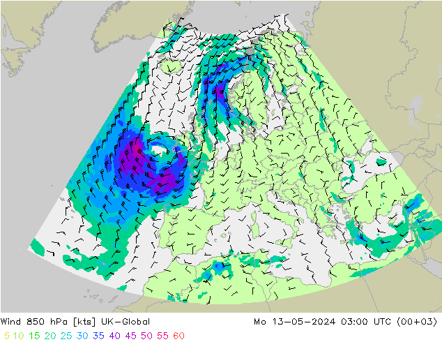 Wind 850 hPa UK-Global Mo 13.05.2024 03 UTC