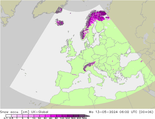 Snow accu. UK-Global Mo 13.05.2024 06 UTC
