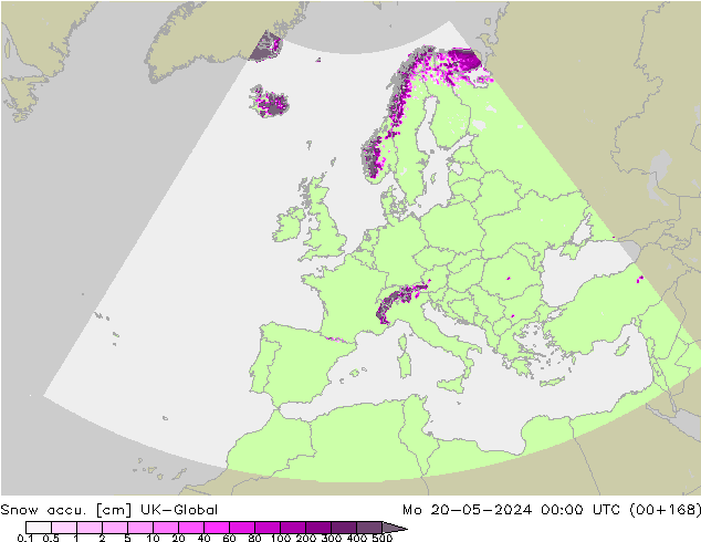 Snow accu. UK-Global Po 20.05.2024 00 UTC