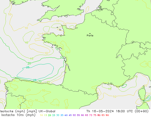 Isotachs (mph) UK-Global gio 16.05.2024 18 UTC