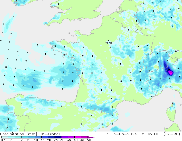 Precipitation UK-Global Th 16.05.2024 18 UTC