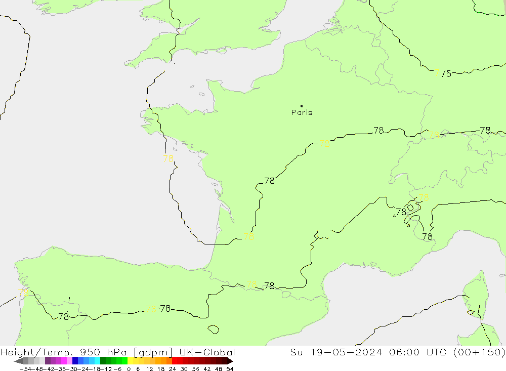 Géop./Temp. 950 hPa UK-Global dim 19.05.2024 06 UTC