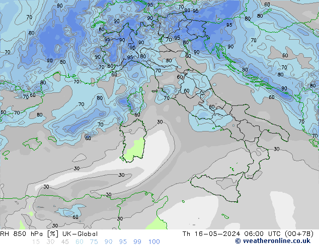 RH 850 гПа UK-Global чт 16.05.2024 06 UTC