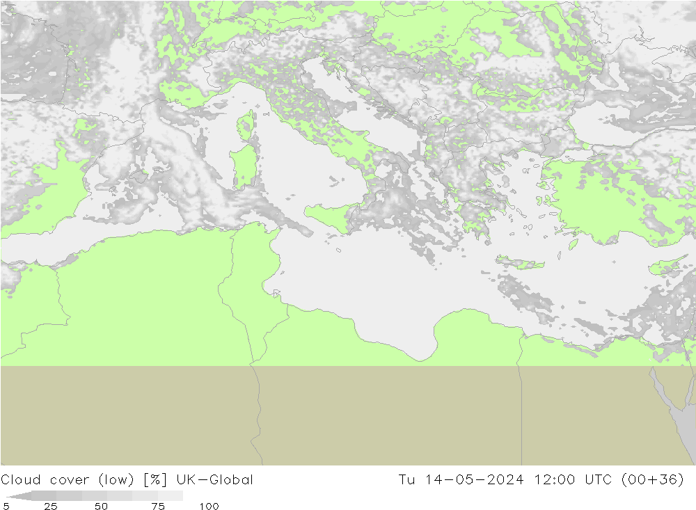 Bewolking (Laag) UK-Global di 14.05.2024 12 UTC