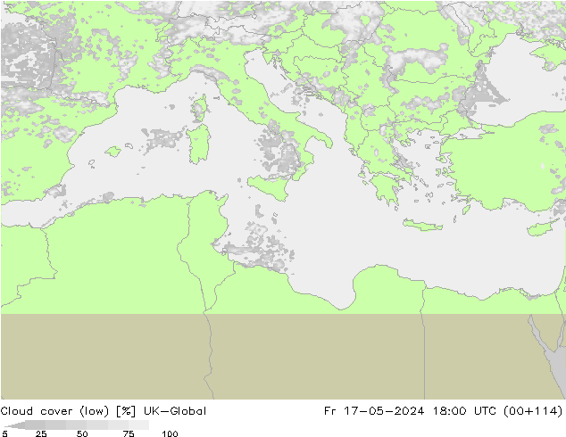 Cloud cover (low) UK-Global Fr 17.05.2024 18 UTC