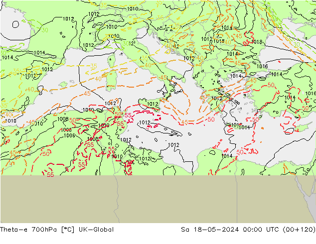 Theta-e 700hPa UK-Global sab 18.05.2024 00 UTC