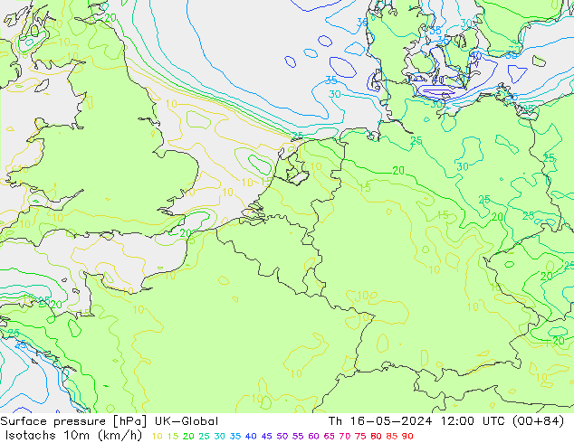 Isotachen (km/h) UK-Global Do 16.05.2024 12 UTC
