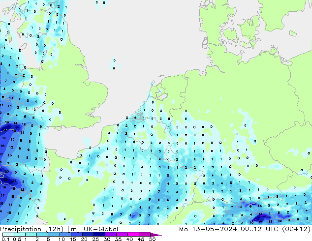 Precipitation (12h) UK-Global Po 13.05.2024 12 UTC