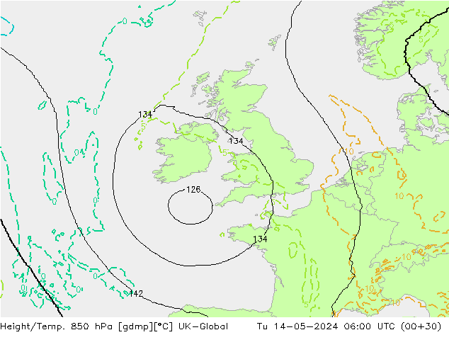 Height/Temp. 850 hPa UK-Global Tu 14.05.2024 06 UTC